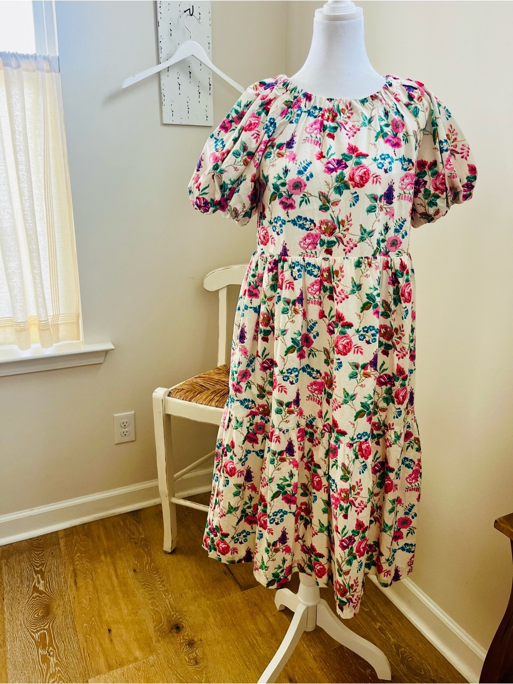 Moodie Floral Smocked Puff-Sleeve Dress - White with Pink & Green; Size XS NWT!